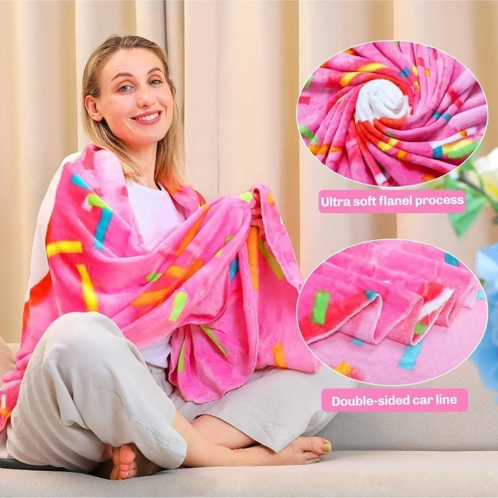 Giant Donut Throw Blanket, Double Sided, Pink, White, 71 inches